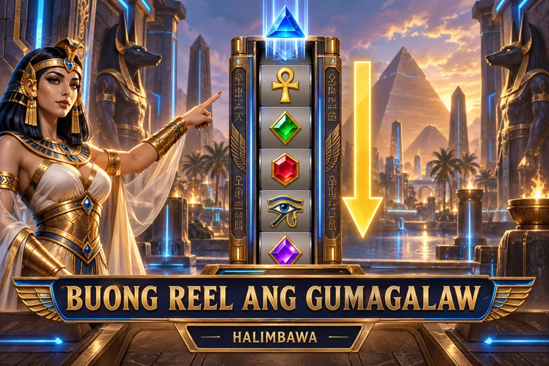 Orihinal na slot concept: Rise of Giza PowerNudge. Buong winning reel na bumababa ng isang row kumpara sa selective tumble removal. Hindi actual provider screenshot.