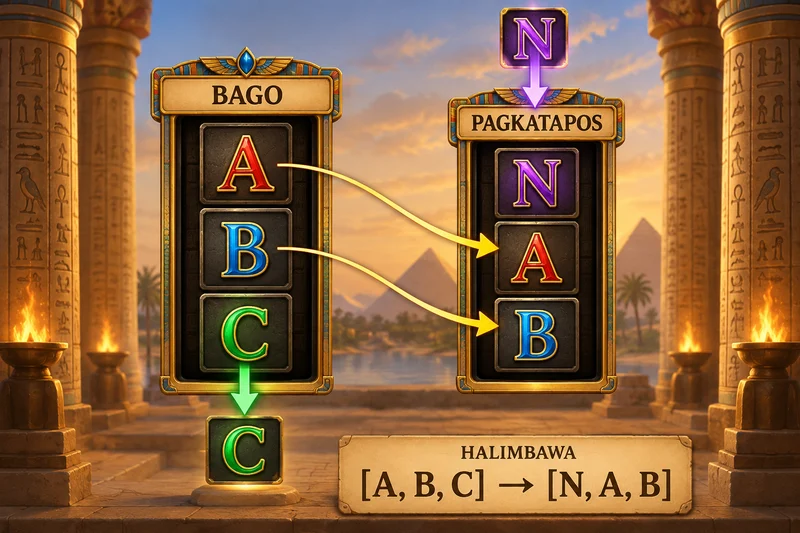 Paliwanag na hypothetical record: Rise of Giza PowerNudge. Buong winning reel na bumababa ng isang row kumpara sa selective tumble removal. Hindi actual provider screenshot.