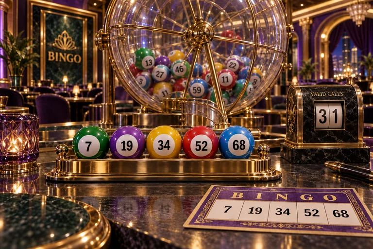 Numbered bingo balls 7, 19, 34, 52 and 68, a matching sample row and a valid-call counter at 31.