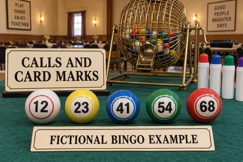 Physical bingo cage beside five teaching balls labelled 12, 23, 41, 54 and 68