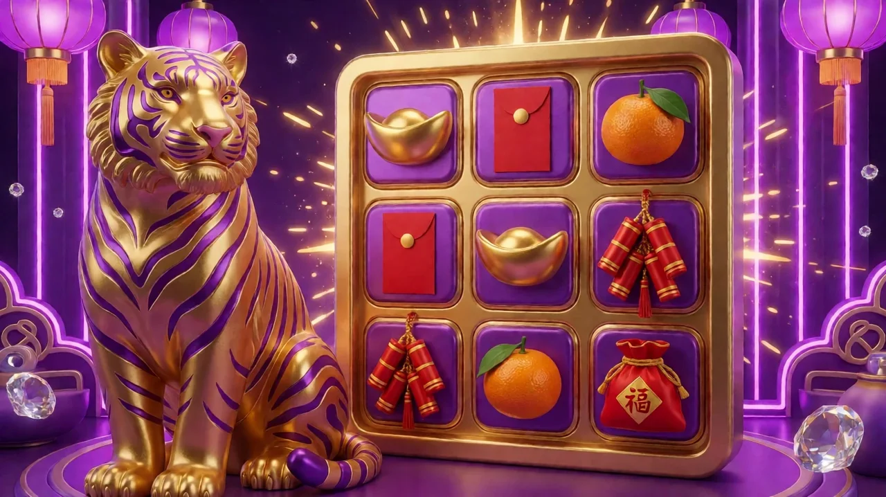 A golden tiger statue with purple stripes sits beside a gold three-by-three frame holding gold ingots, red envelopes, mandarin oranges, red firecrackers and a red fortune pouch, with purple lanterns and neon pillars behind