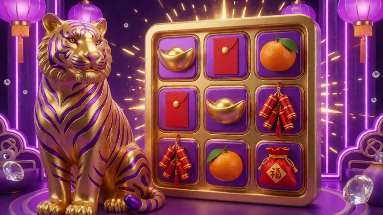 A golden tiger statue with purple stripes beside a gold three-by-three frame holding gold ingots, red envelopes, mandarin oranges, firecrackers and a red fortune pouch
