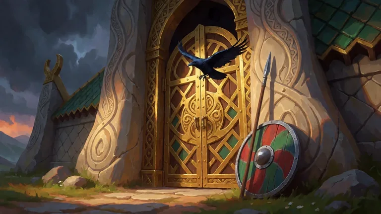 A golden gate with carved knotwork stands in a stormy twilight, with a black raven in front of the doors, a round painted shield and a spear beside a stone pillar