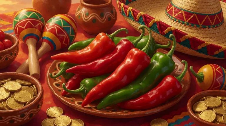 Glossy red and green chilli peppers on a painted clay plate with maracas, a sombrero and bowls of gold coins on a bright fiesta tablecloth
