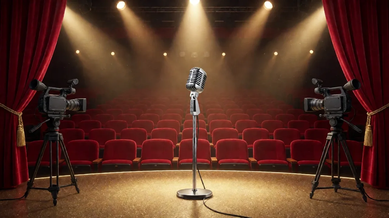 An empty live entertainment stage with red velvet curtains, golden spotlights, a vintage chrome microphone at centre, two studio cameras on tripods and rows of red seats