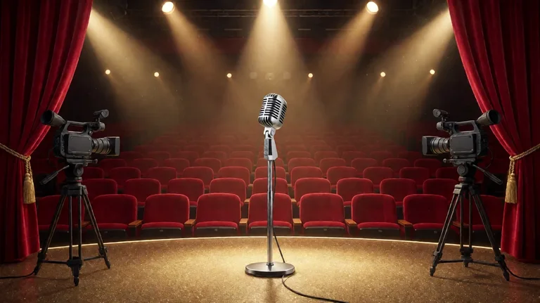 An empty live entertainment stage with red velvet curtains, golden spotlights, a vintage chrome microphone at centre, two studio cameras on tripods and rows of red seats