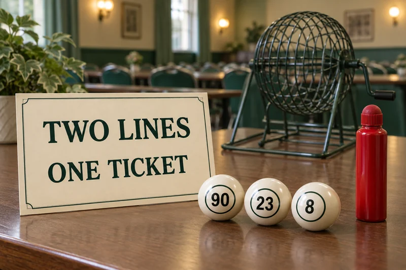 Numbered bingo balls and a dauber beside a Two Lines, One Ticket teaching card.